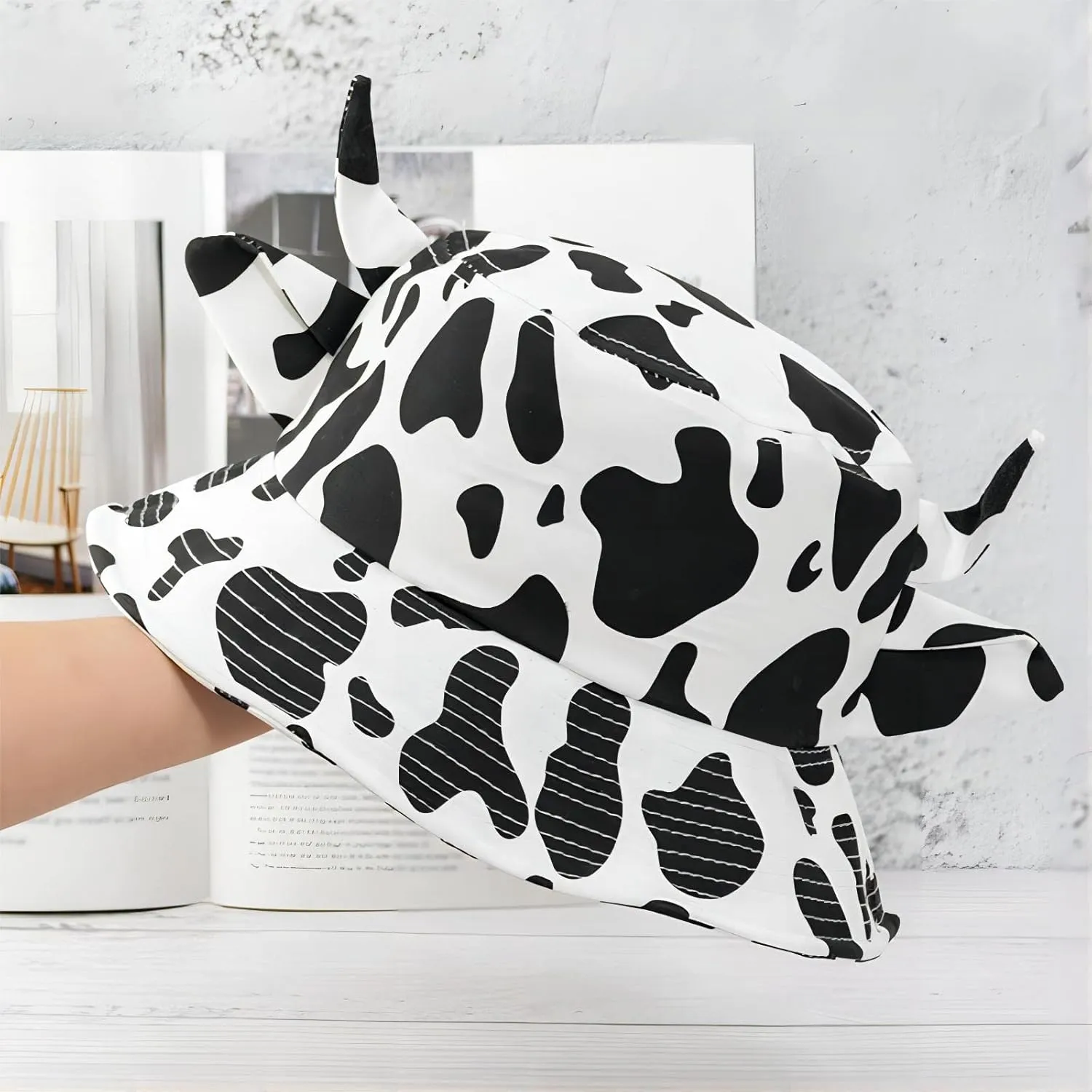 Cow Print Bucket Hat with Cute Horn Ears Cow Print Summer Beach Sun Hat Fisherman's Cow Bucket Hat