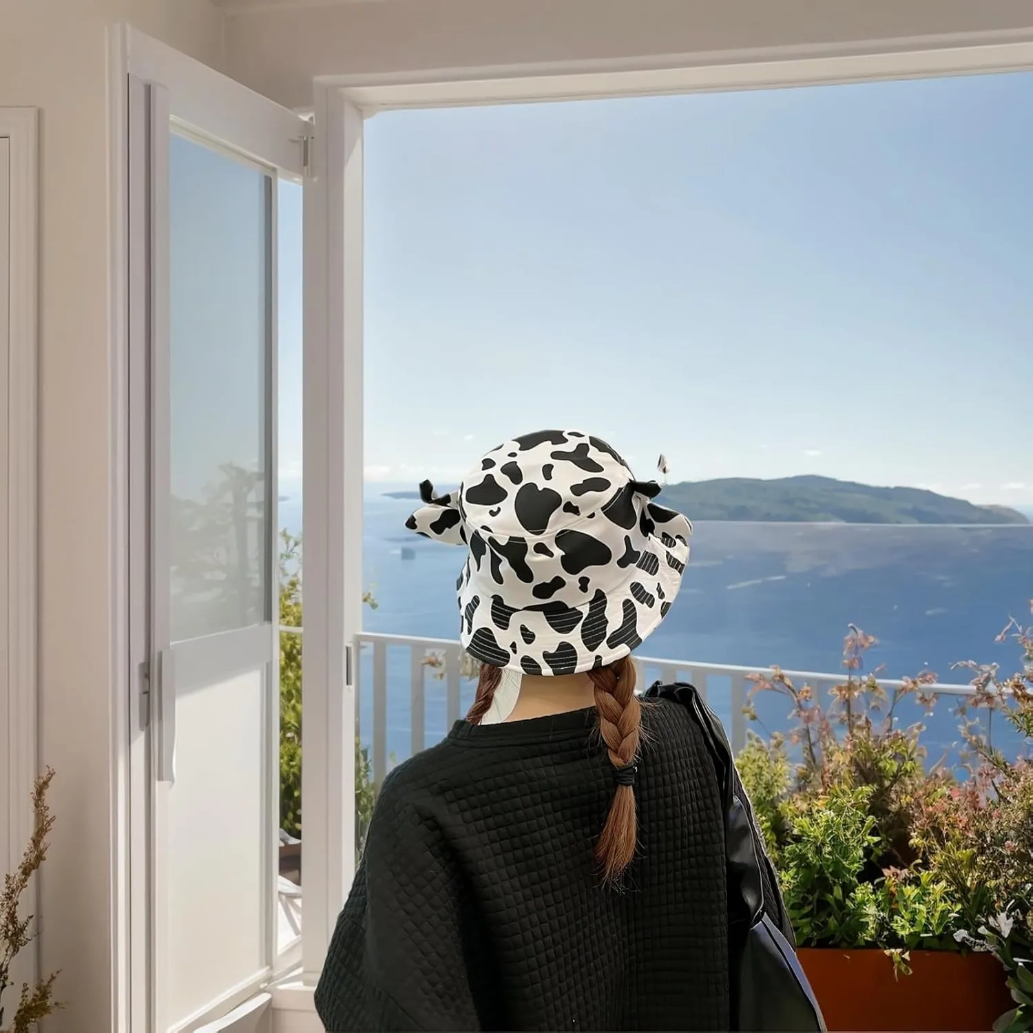 Cow Print Bucket Hat with Cute Horn Ears Cow Print Summer Beach Sun Hat Fisherman's Cow Bucket Hat