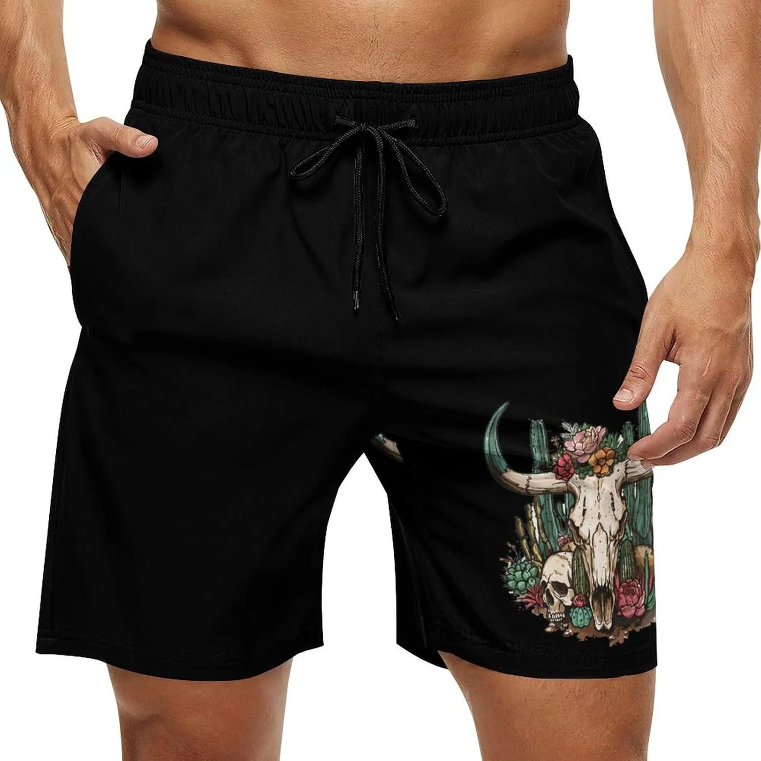 Cow Skull Cactus Men's Swim Trunks Quick Dry Board Shorts Breathable Summer Beach Shorts Bathing Suits
