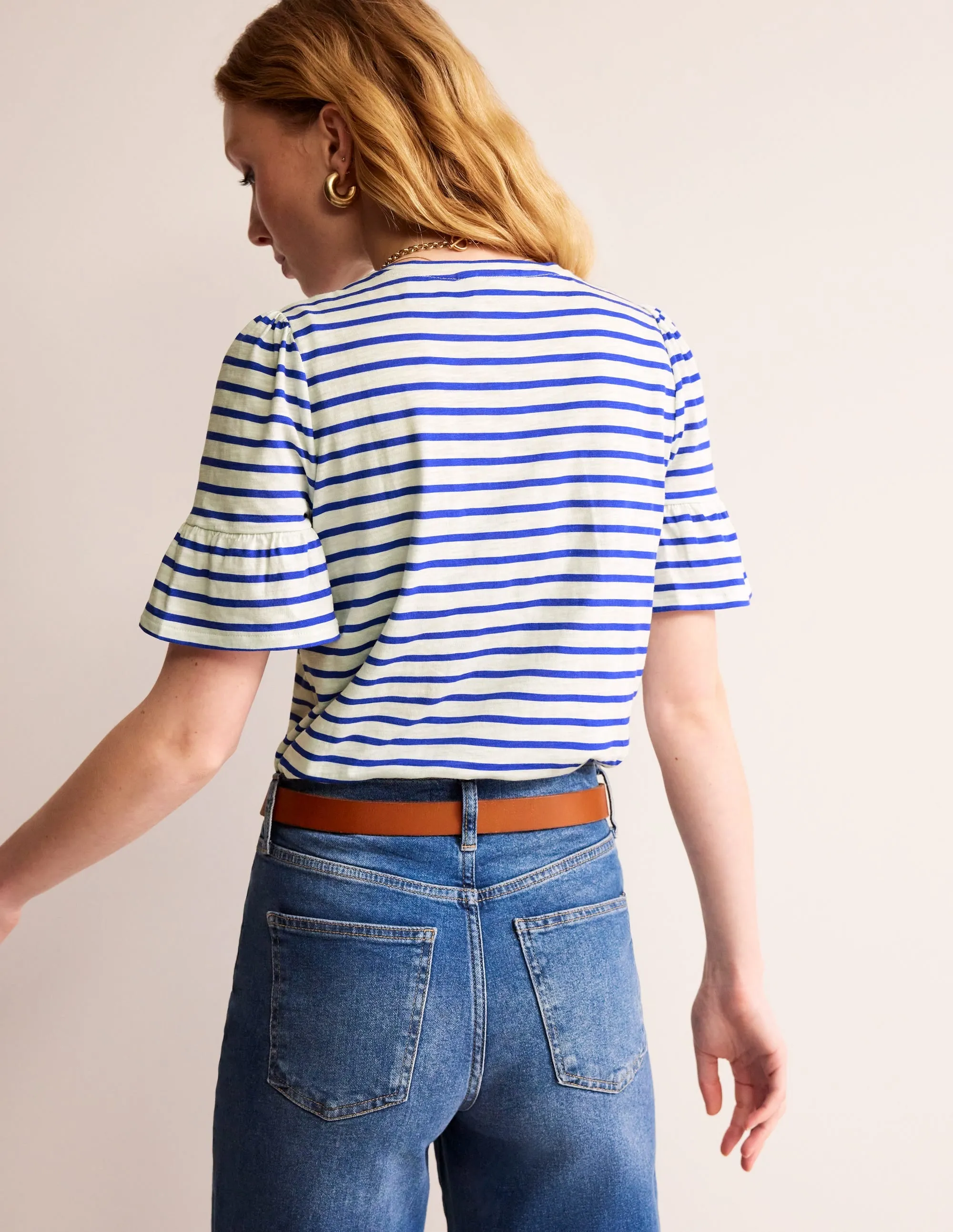 Crew Neck Frill Cuff T-shirt-Ivory, Surf the Web