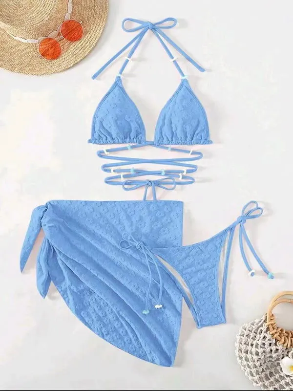 Cross Straps Floral Lace Pattern 3Pcs Bikini Swimsuits
