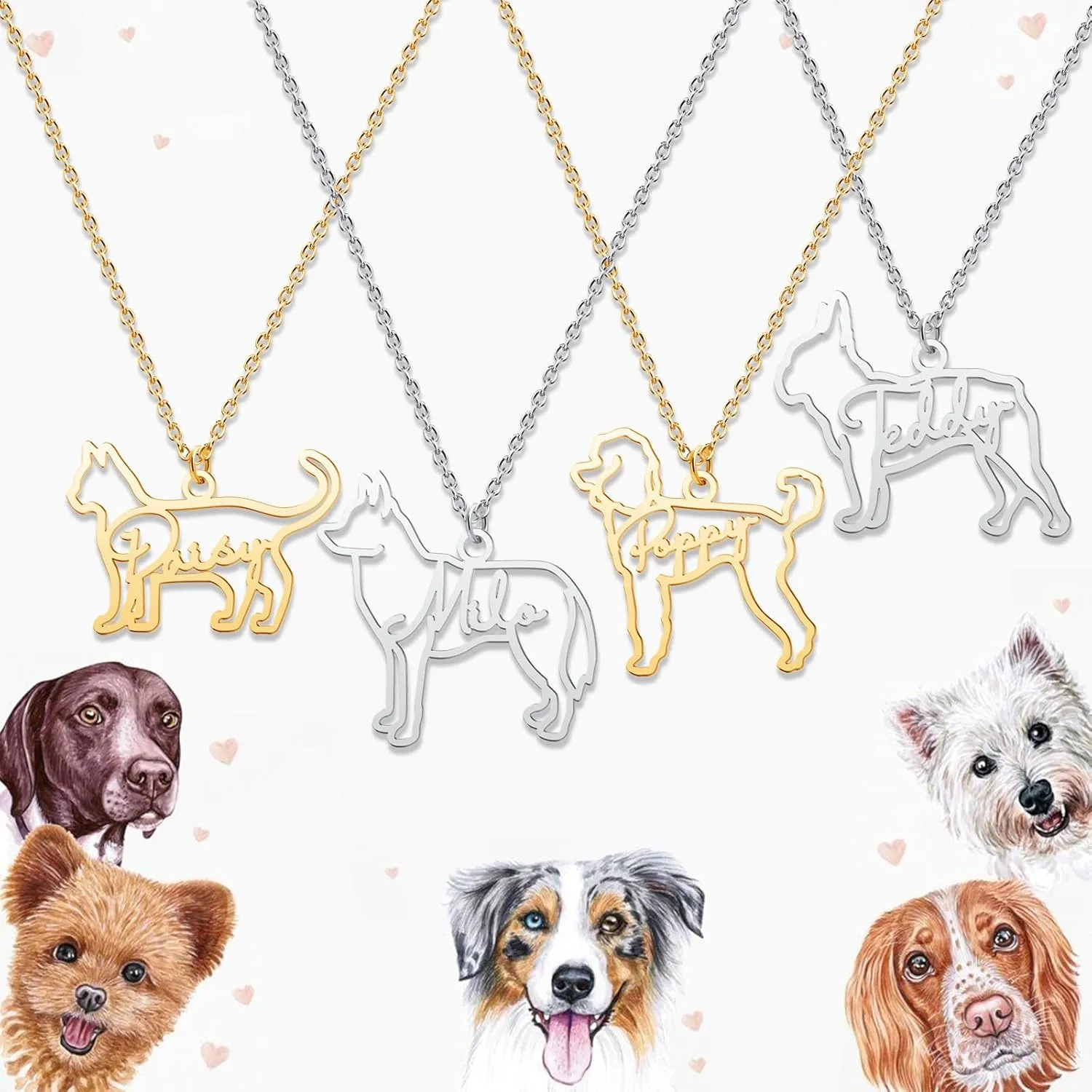 Custom Dog Breeds Portrait Cat Pet Memorial Name Necklace Dainty Animal Pendant Chain Personalized Jewelry Remembrance Gifts for Dog Lover Women Girls