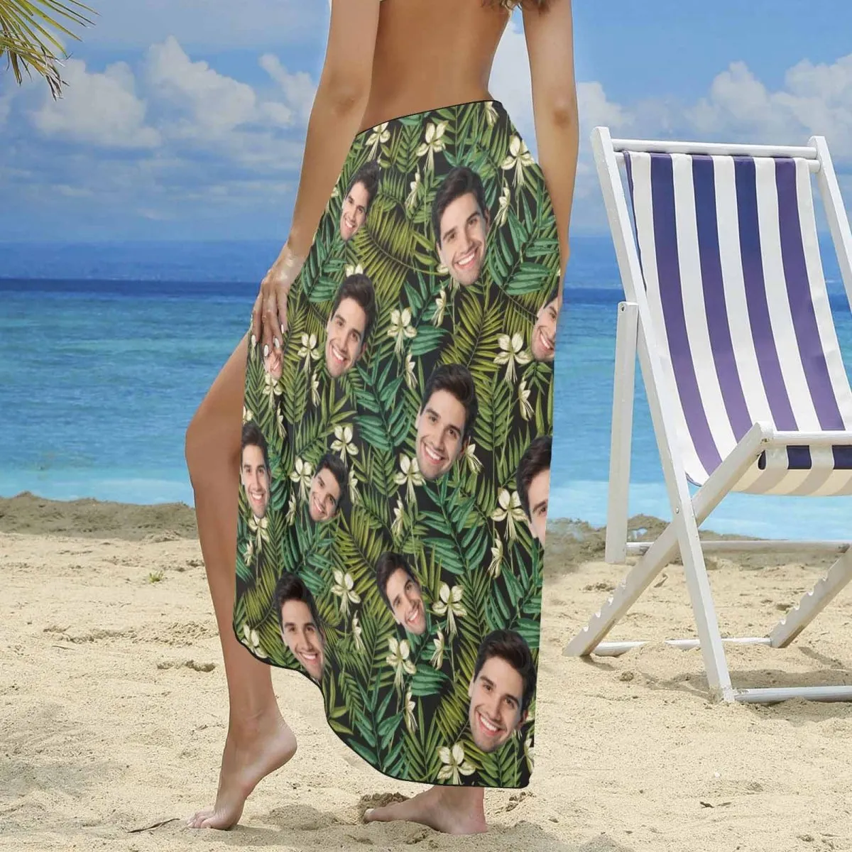 Custom Face Green Leaves Long Sarongs Beach Wrap Personalized Bikini Cover Up