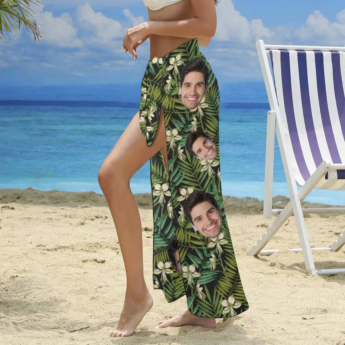 Custom Face Green Leaves Long Sarongs Beach Wrap Personalized Bikini Cover Up