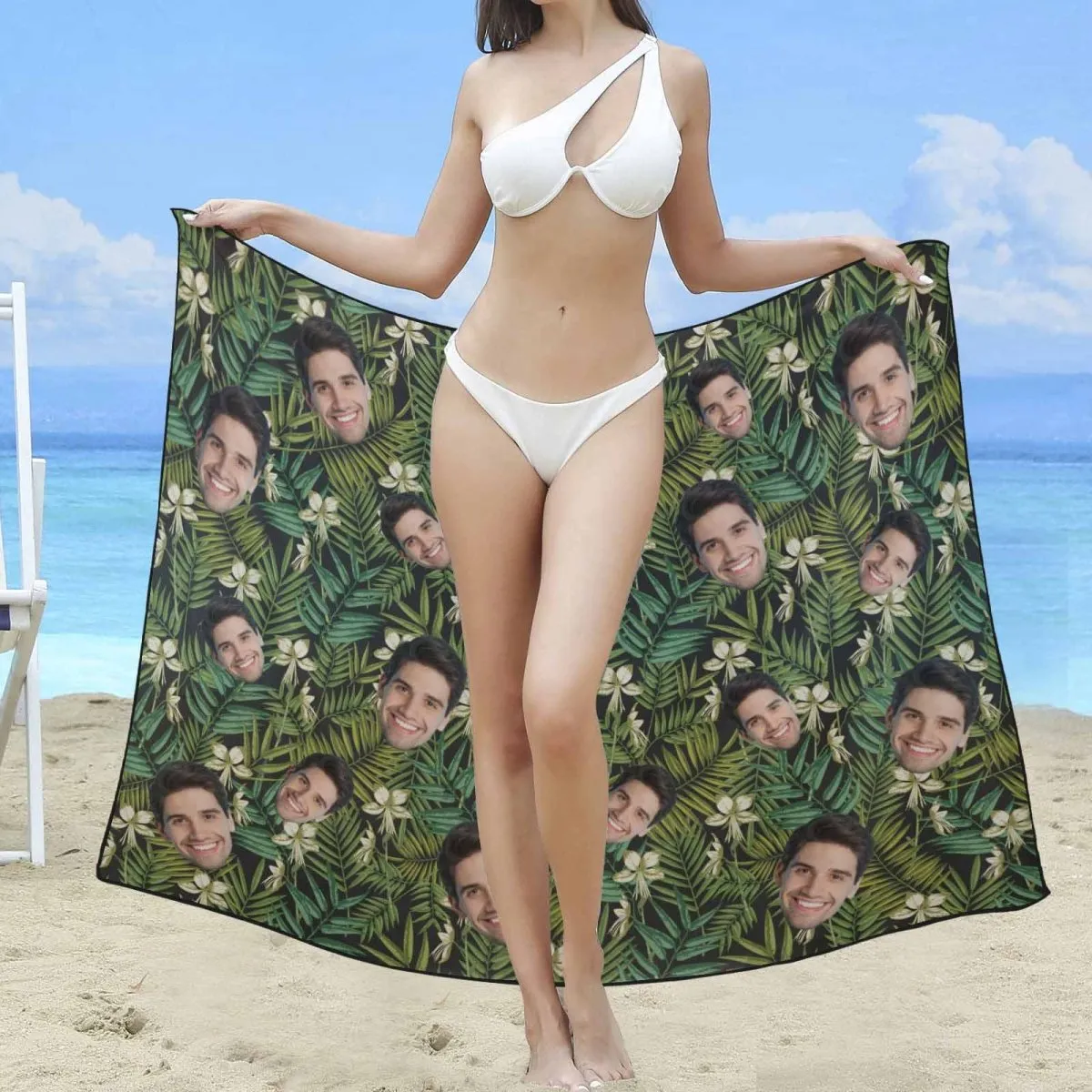 Custom Face Green Leaves Long Sarongs Beach Wrap Personalized Bikini Cover Up