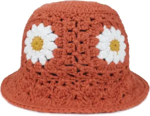 Daisy Flower Crochet Bucket Hat Packable Short Brim Knit Fisherman Hat for Women