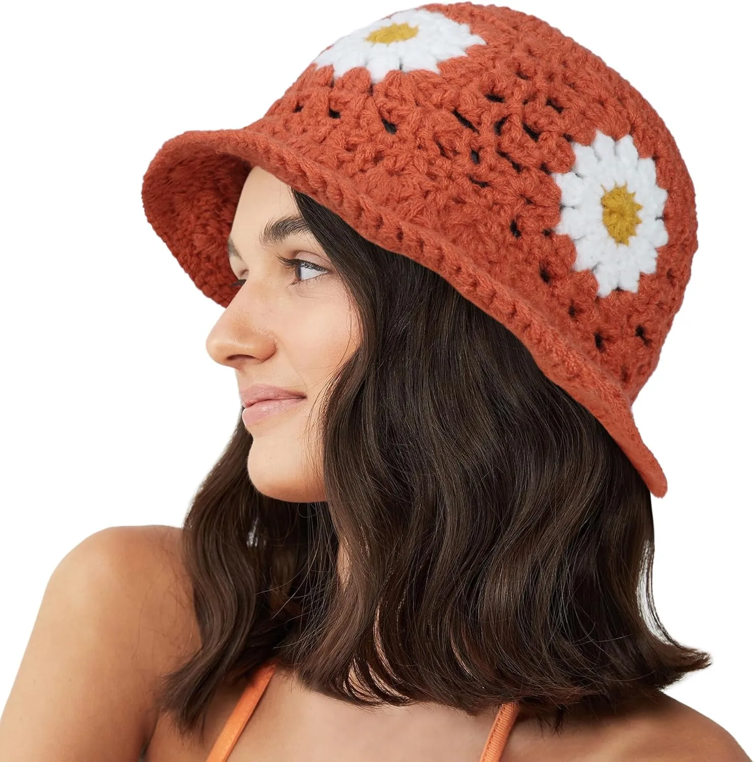 Daisy Flower Crochet Bucket Hat Packable Short Brim Knit Fisherman Hat for Women
