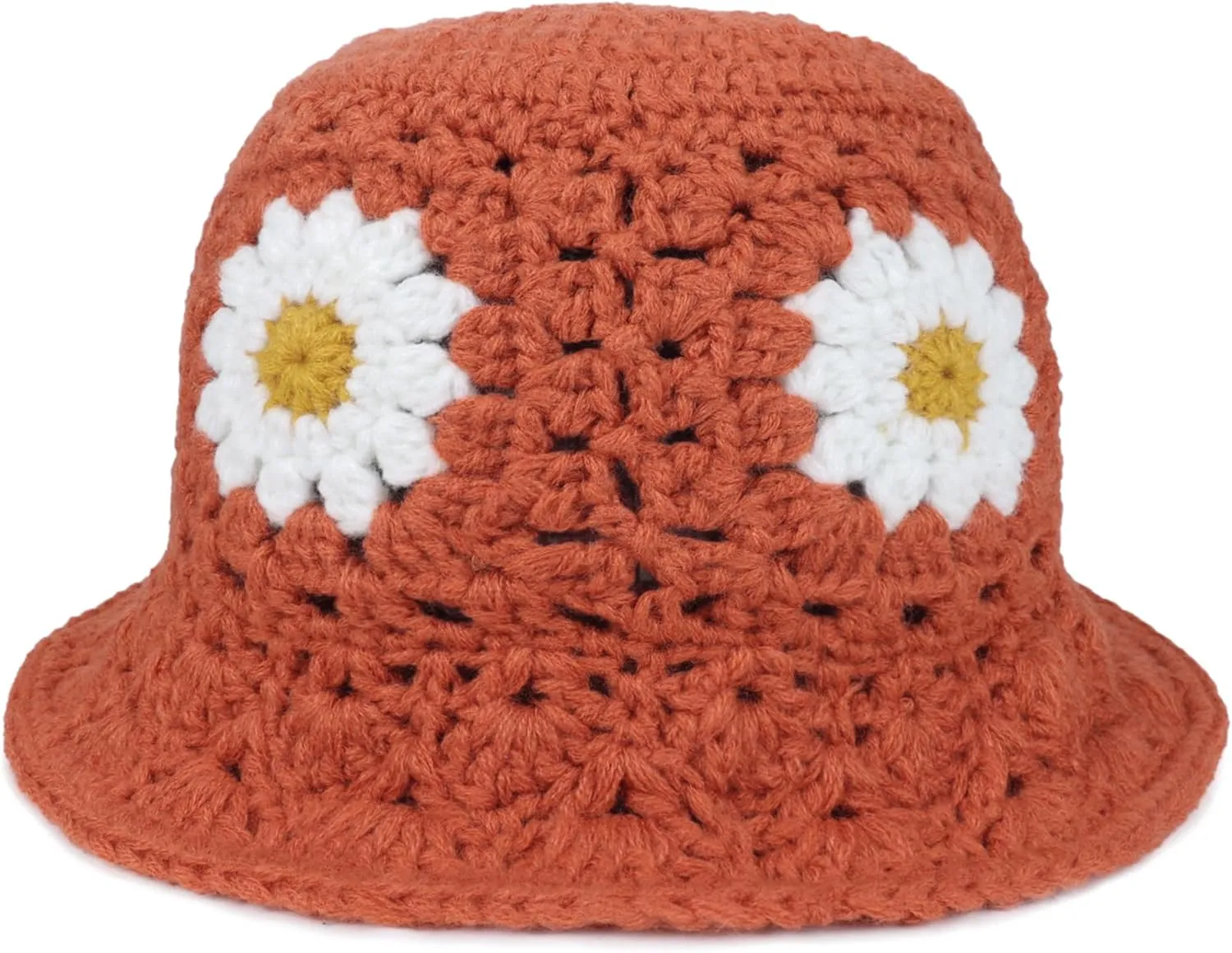 Daisy Flower Crochet Bucket Hat Packable Short Brim Knit Fisherman Hat for Women