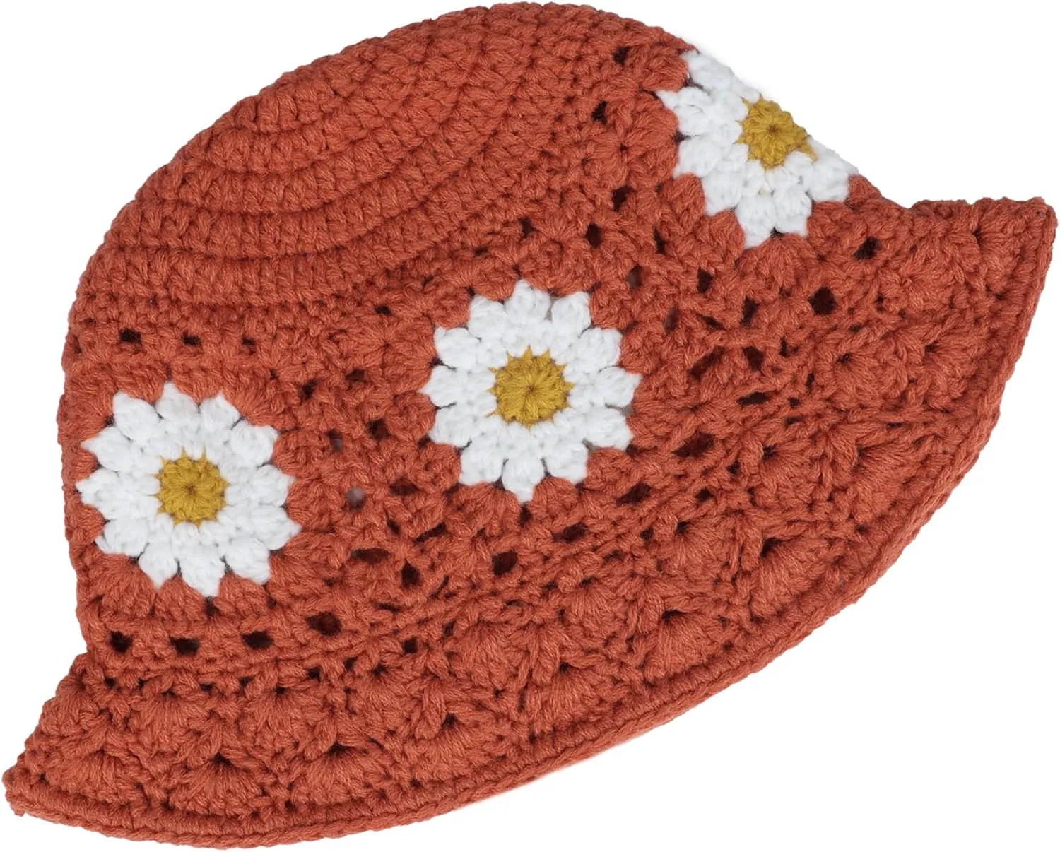 Daisy Flower Crochet Bucket Hat Packable Short Brim Knit Fisherman Hat for Women
