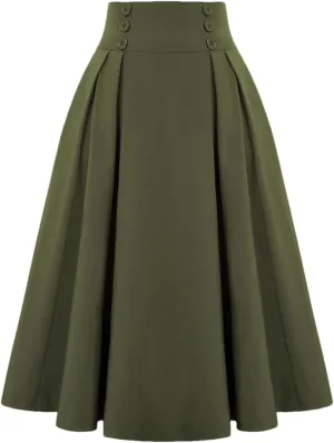 Dbdkejj Women Summer Spring Pleated Skirts for Solid Color High Waist Button Front Midi Maxi Skirt