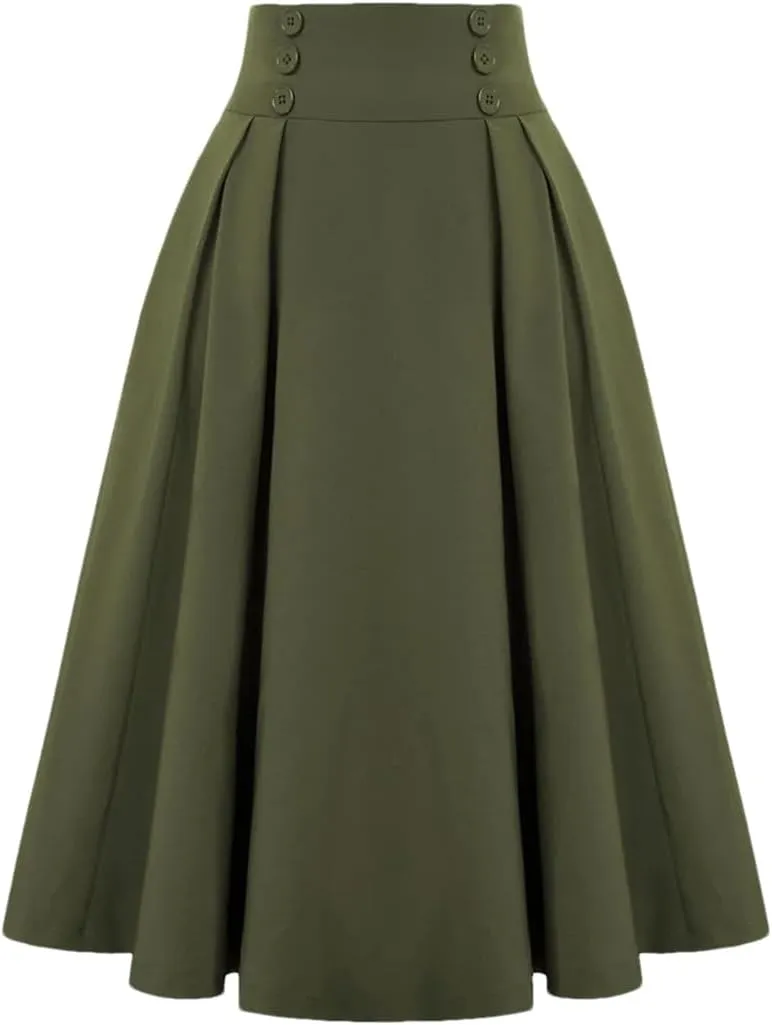 Dbdkejj Women Summer Spring Pleated Skirts for Solid Color High Waist Button Front Midi Maxi Skirt