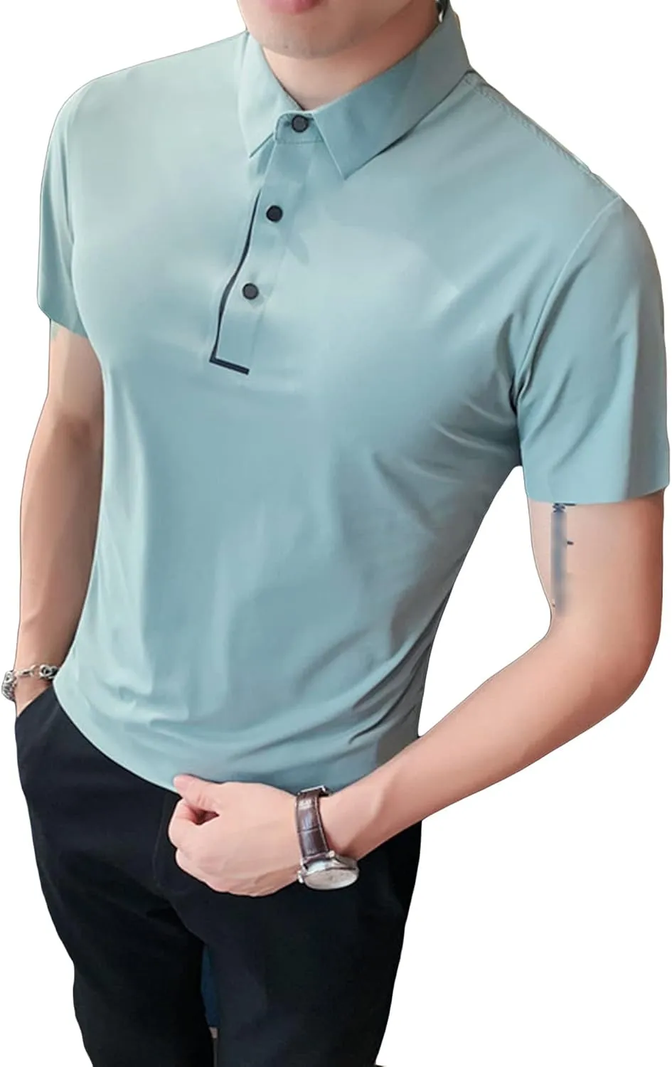 DGHM-JLMY Men's Casual Slim Fit Solid Soft Cotto Shirt Ice Silk Seamless Slim Casual Polo Shirt Polo Shirt Basic Tee