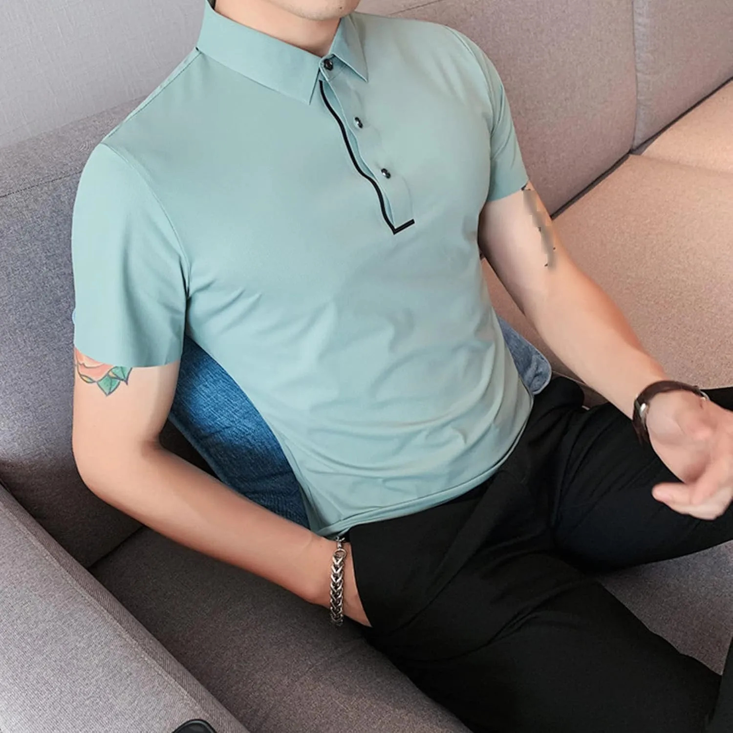 DGHM-JLMY Men's Casual Slim Fit Solid Soft Cotto Shirt Ice Silk Seamless Slim Casual Polo Shirt Polo Shirt Basic Tee