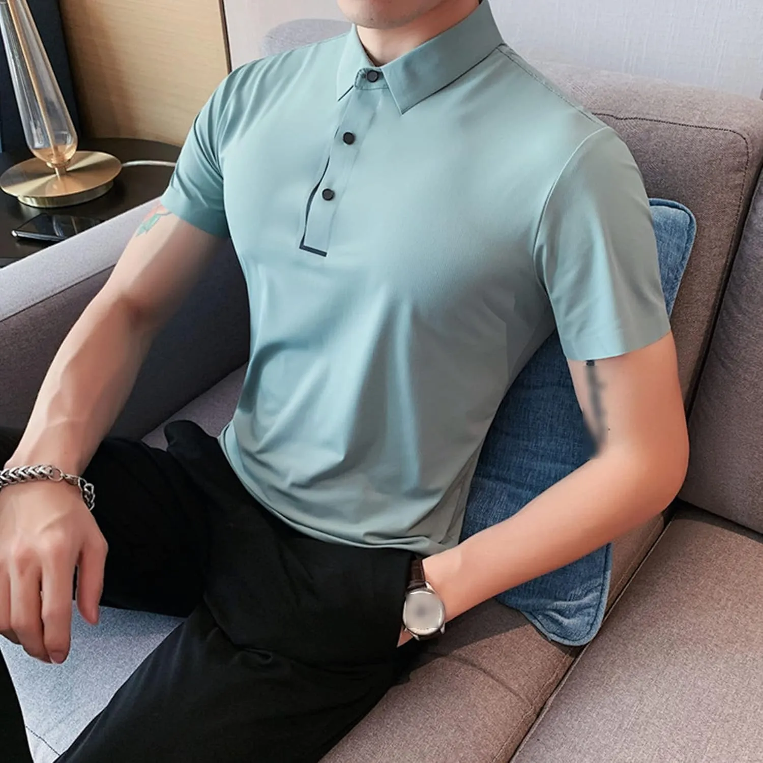 DGHM-JLMY Men's Casual Slim Fit Solid Soft Cotto Shirt Ice Silk Seamless Slim Casual Polo Shirt Polo Shirt Basic Tee