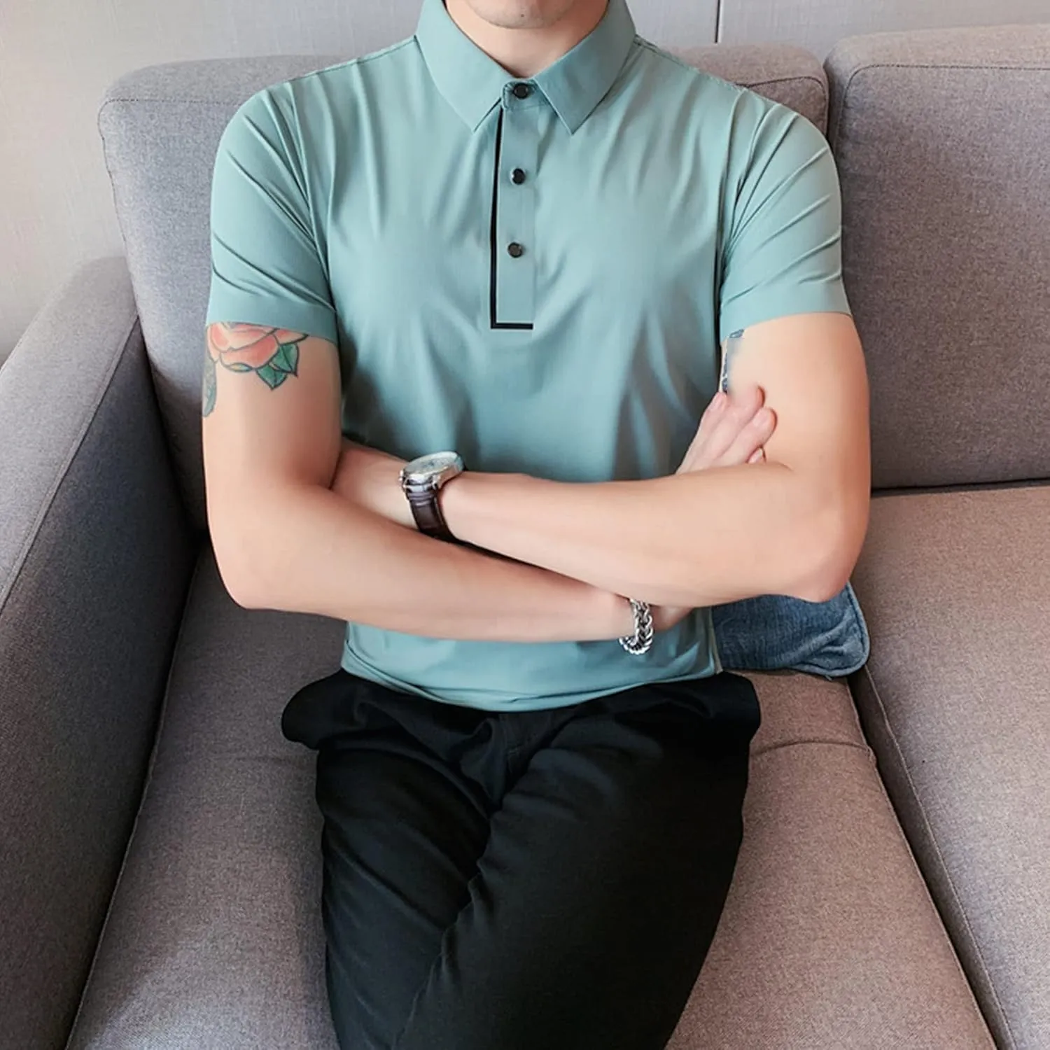 DGHM-JLMY Men's Casual Slim Fit Solid Soft Cotto Shirt Ice Silk Seamless Slim Casual Polo Shirt Polo Shirt Basic Tee