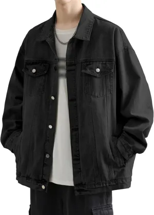 DGKaxiyaHM Men's Casual Vintage Distressed Denim Jacket Loose Button Down Trucker Jean Coat Washed Lapel Classic Outerwear (X-Large,130 Black)