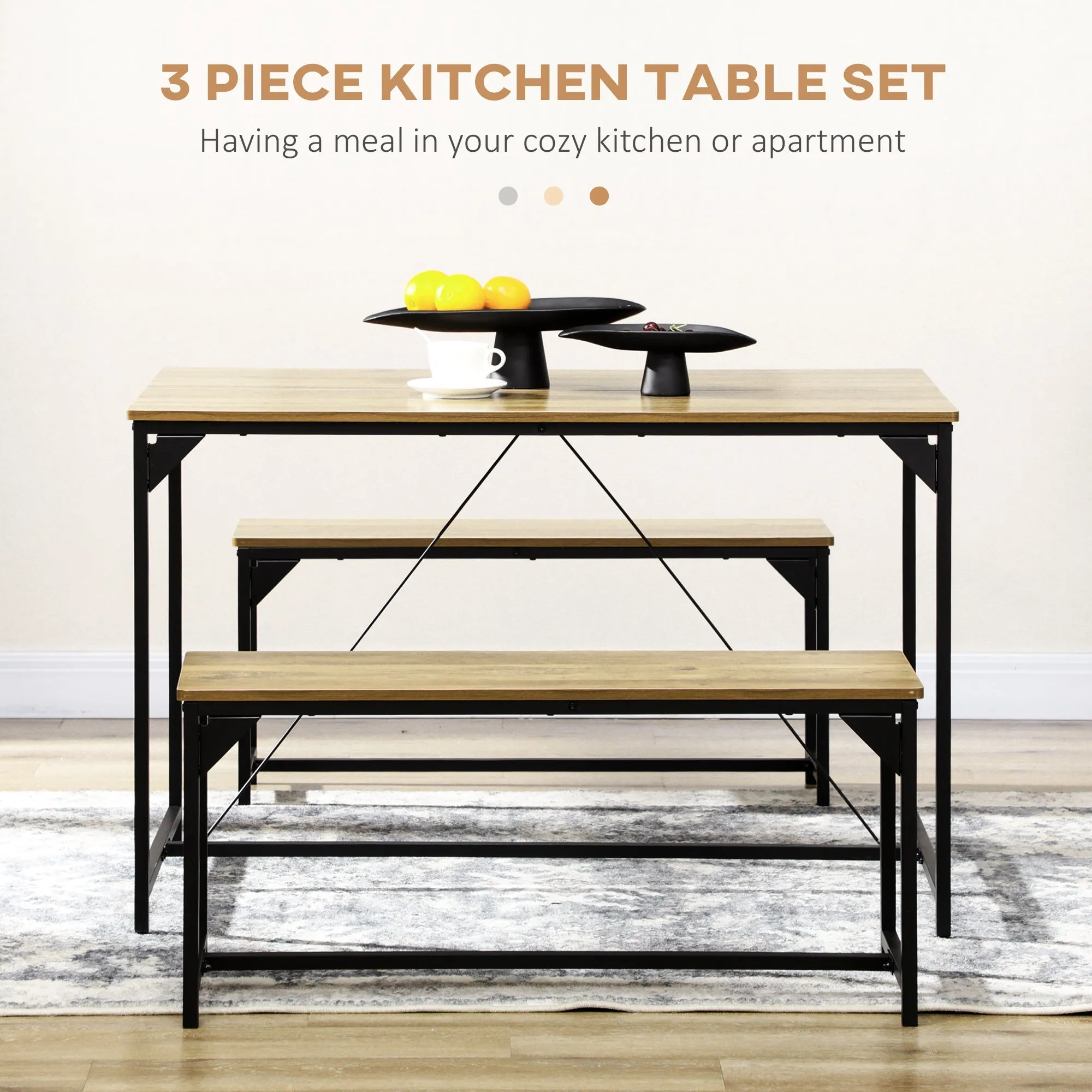 Dining Table and Bench Set for 4 Kitchen Table with 2 Benches Space Saving Dining Room Sets Natural