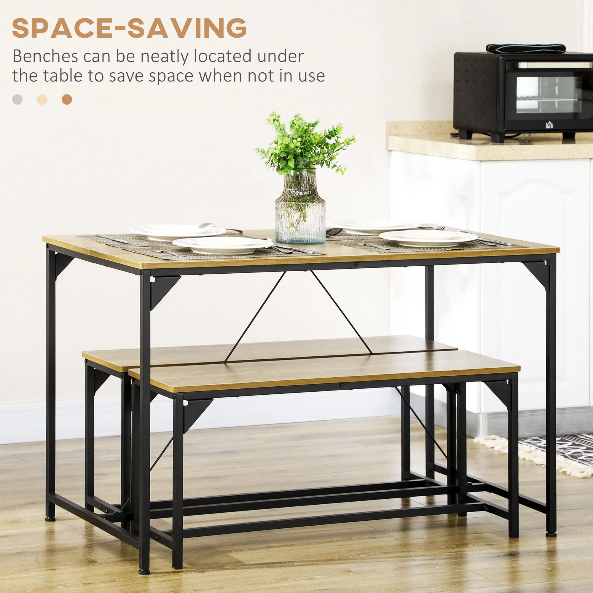 Dining Table and Bench Set for 4 Kitchen Table with 2 Benches Space Saving Dining Room Sets Natural