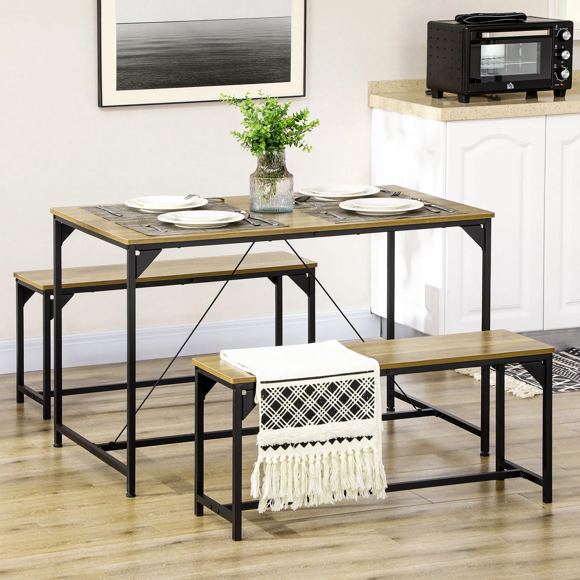 Dining Table and Bench Set for 4 Kitchen Table with 2 Benches Space Saving Dining Room Sets Natural