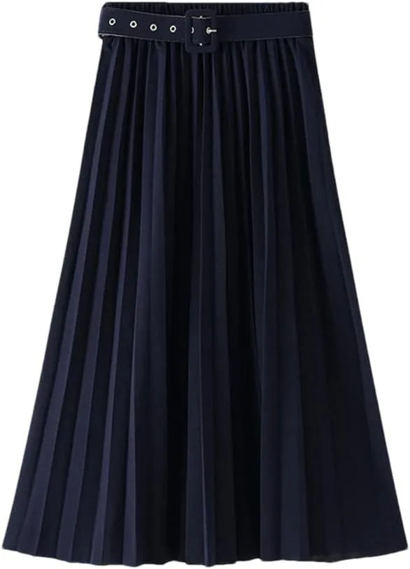 Disimlarl Women's High Waist Pleated Skirts with Belted Spring Simple Elegant Office Midi Long Skirt