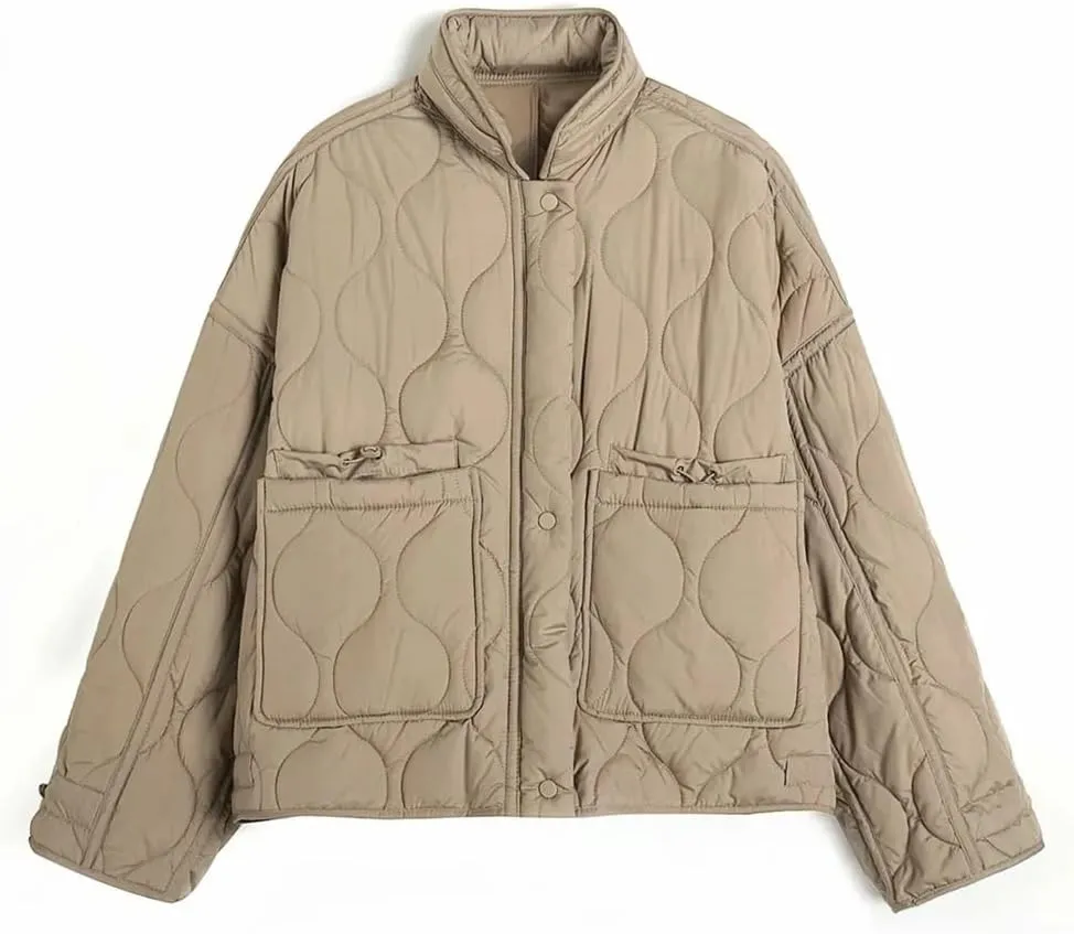 Disimlarl Women's Stand Collar Drawstring Design Cotton-Padded Jacket Jacket Short Cotton-Padded Coat