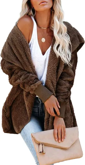 Dokotoo Womens 2024 Winter Long Sleeve Solid Fuzzy Fleece Open Front Hooded Cardigans Jacket Coats Outerwear with Pocket