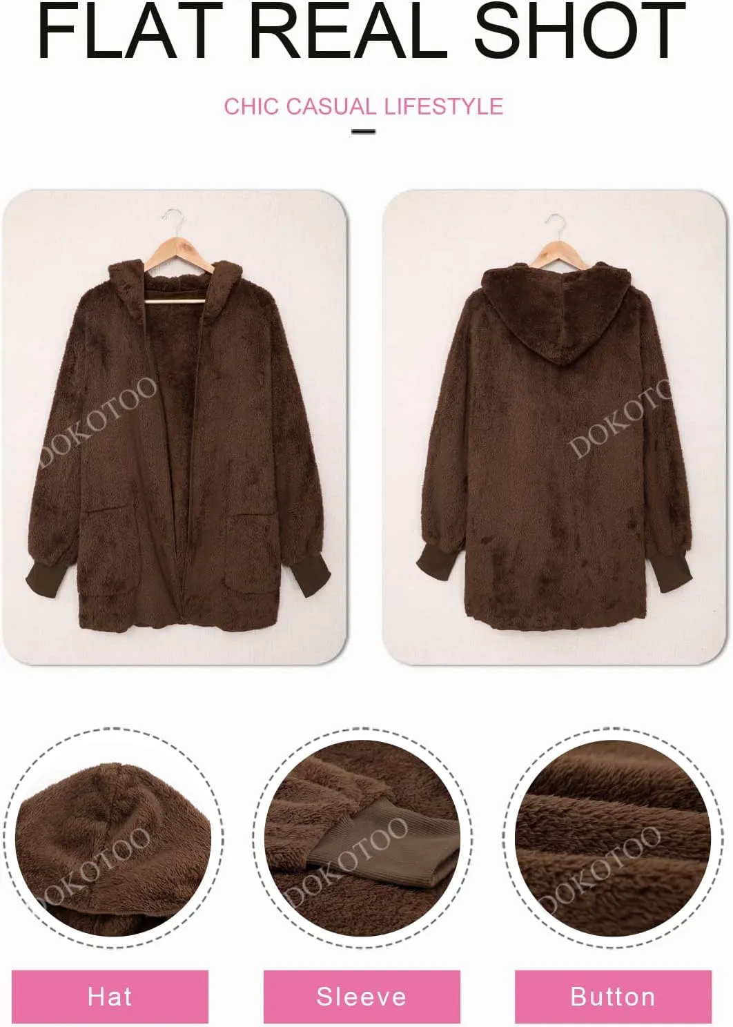Dokotoo Womens 2024 Winter Long Sleeve Solid Fuzzy Fleece Open Front Hooded Cardigans Jacket Coats Outerwear with Pocket
