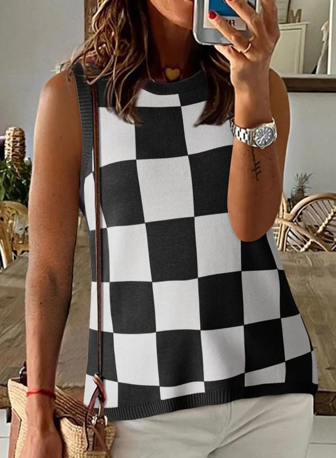 Dokotoo Womens Summer Tops 2025 Casual Striped Color Block High Neck Tank Top Loose Knit High Low Sleeveless Shirts Blouses