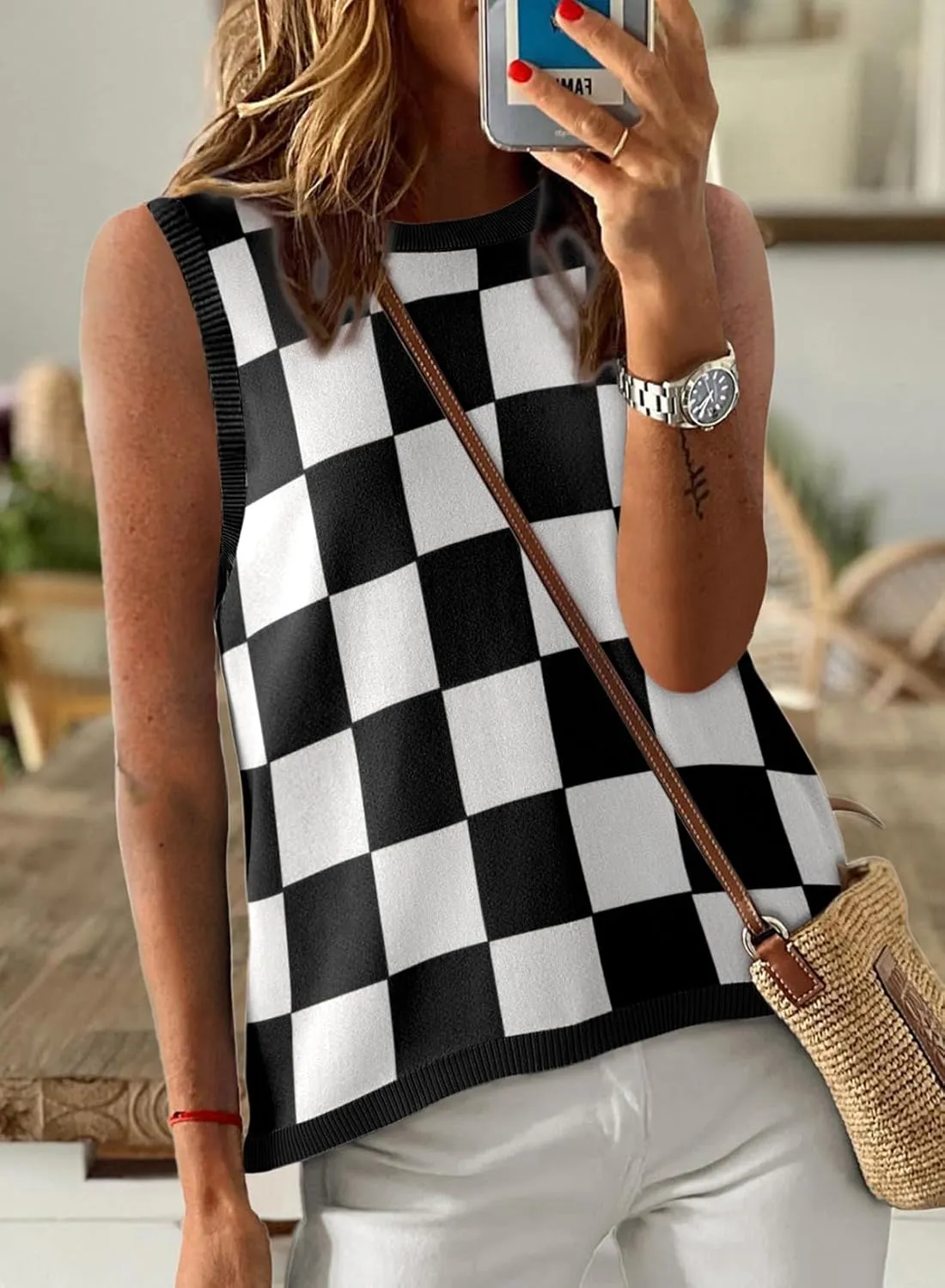 Dokotoo Womens Summer Tops 2025 Casual Striped Color Block High Neck Tank Top Loose Knit High Low Sleeveless Shirts Blouses