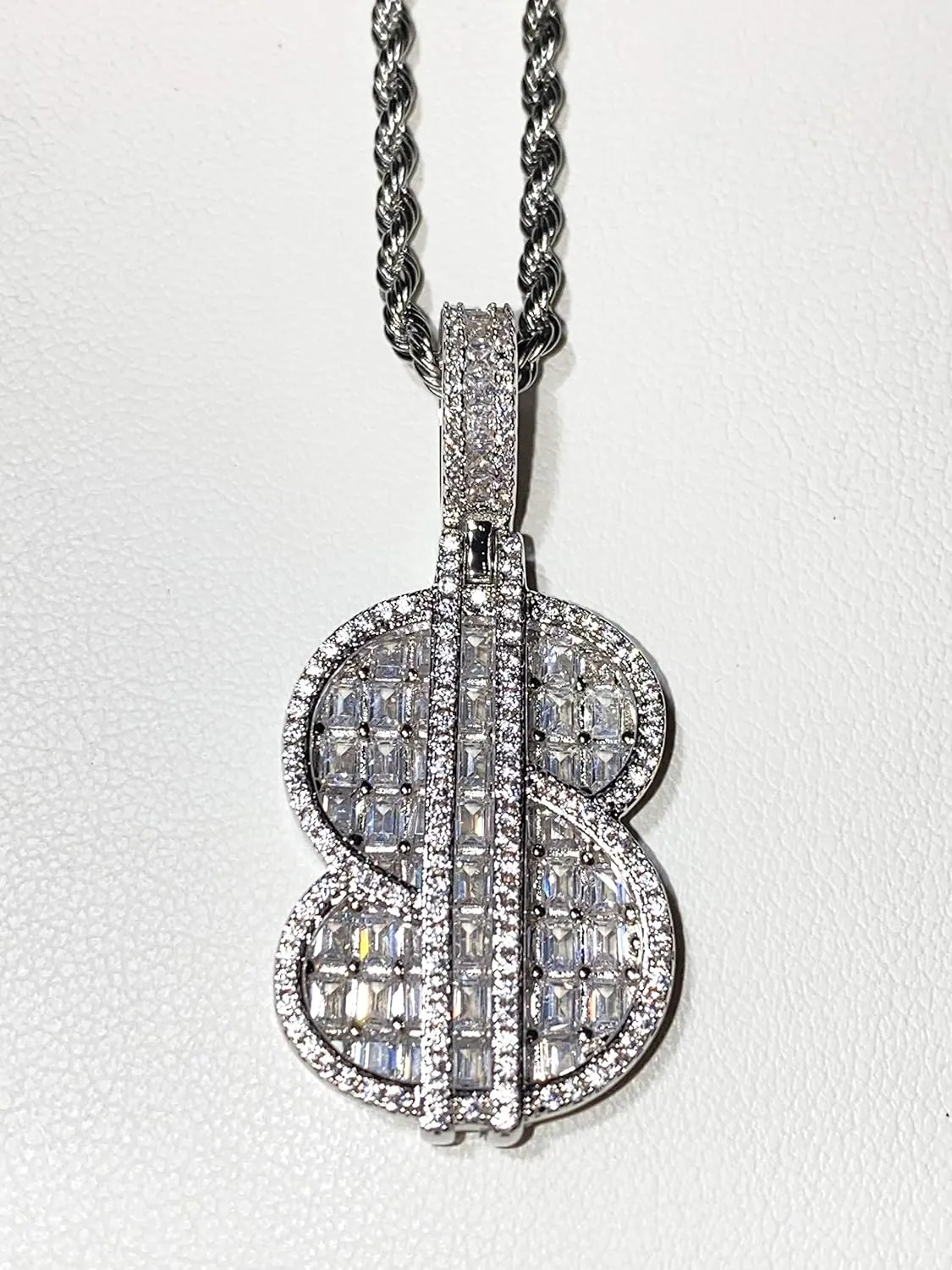 DOLLAR SIGN Money Chase Bag Custom Pendant Baguette Iced Diamond cz Necklace Men Women 925 Italy Finish Iced Silver Charm Ice Out Pendant Stainless Steel Real 3 mm Rope Chain, Rope Necklace