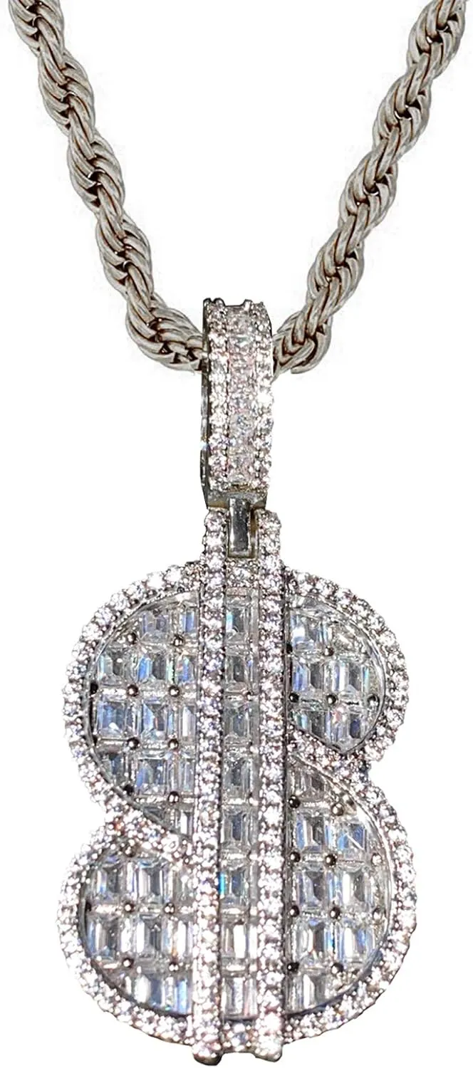 DOLLAR SIGN Money Chase Bag Custom Pendant Baguette Iced Diamond cz Necklace Men Women 925 Italy Finish Iced Silver Charm Ice Out Pendant Stainless Steel Real 3 mm Rope Chain, Rope Necklace