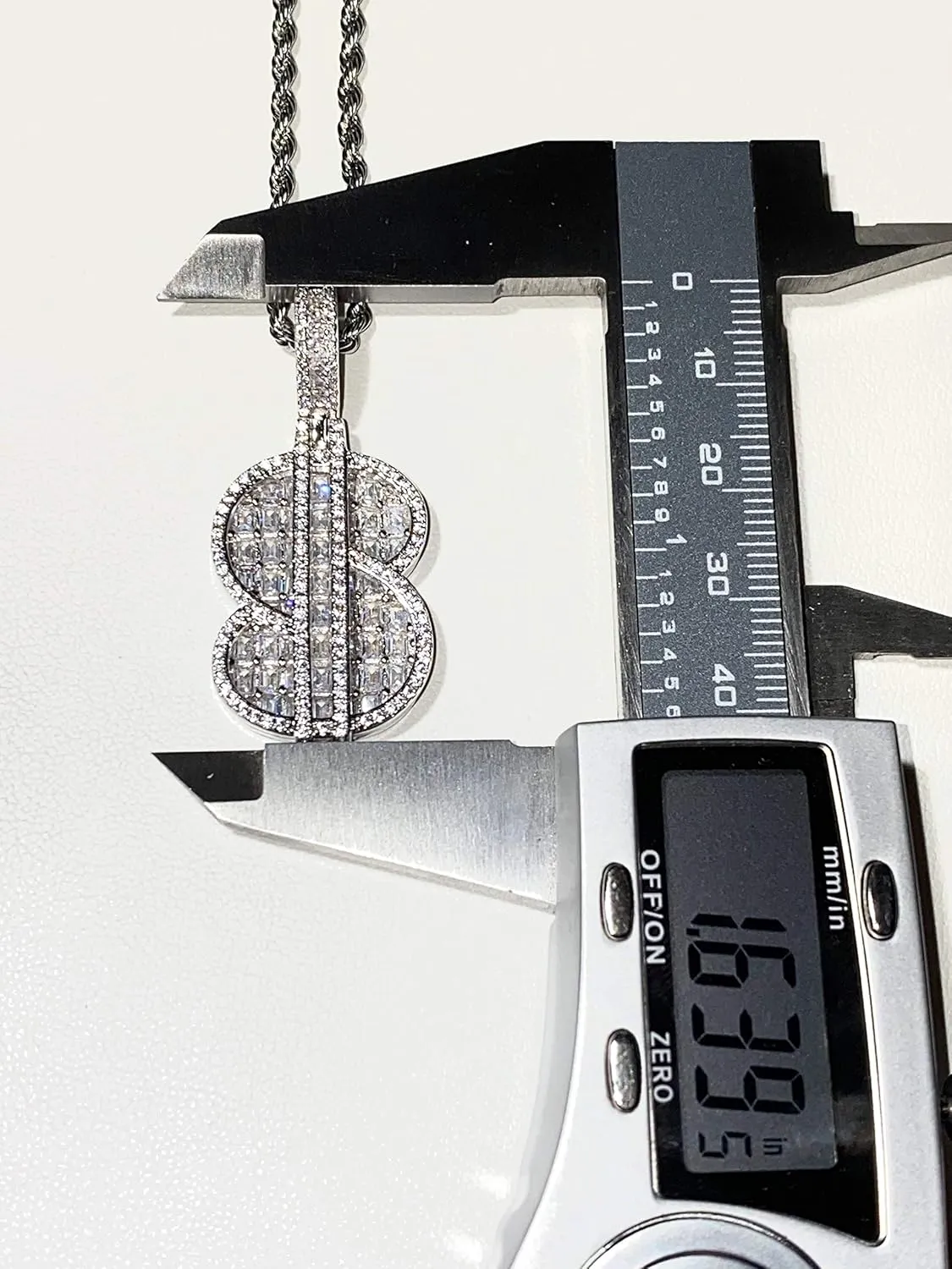 DOLLAR SIGN Money Chase Bag Custom Pendant Baguette Iced Diamond cz Necklace Men Women 925 Italy Finish Iced Silver Charm Ice Out Pendant Stainless Steel Real 3 mm Rope Chain, Rope Necklace