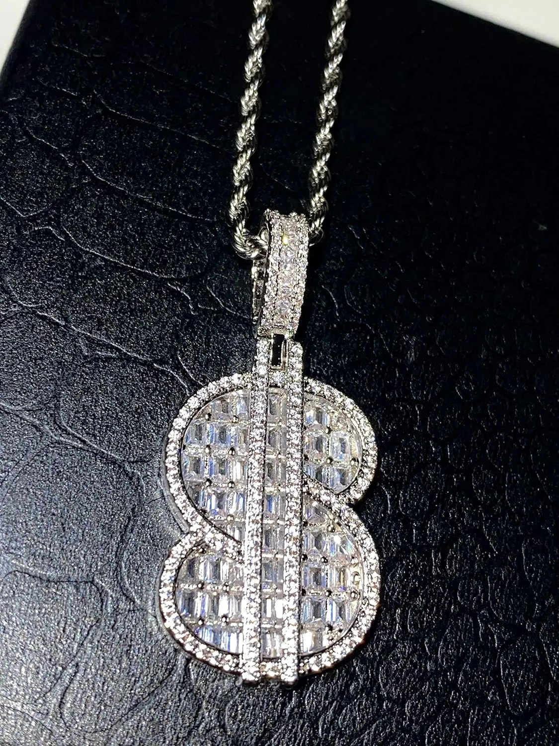 DOLLAR SIGN Money Chase Bag Custom Pendant Baguette Iced Diamond cz Necklace Men Women 925 Italy Finish Iced Silver Charm Ice Out Pendant Stainless Steel Real 3 mm Rope Chain, Rope Necklace