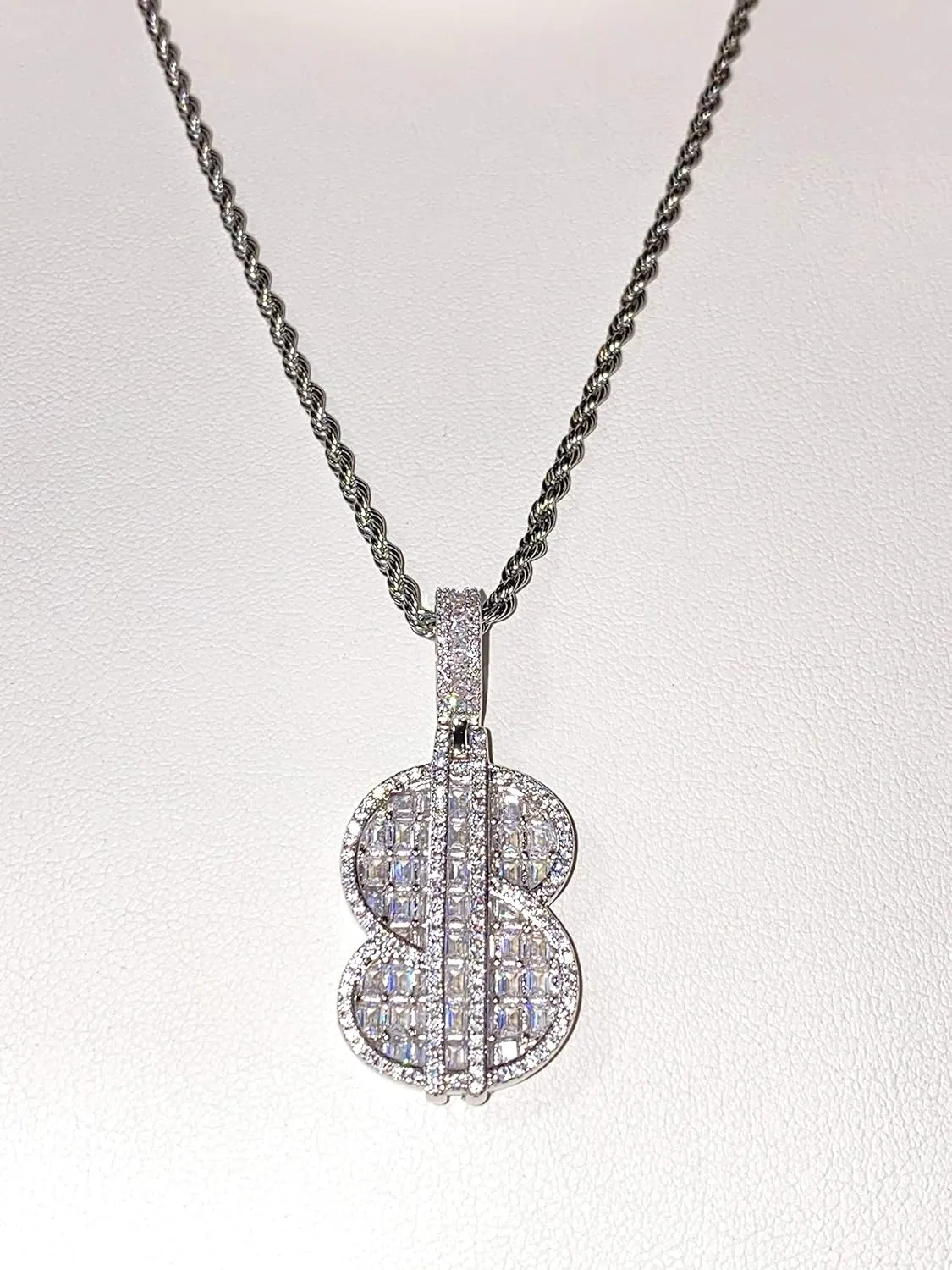 DOLLAR SIGN Money Chase Bag Custom Pendant Baguette Iced Diamond cz Necklace Men Women 925 Italy Finish Iced Silver Charm Ice Out Pendant Stainless Steel Real 3 mm Rope Chain, Rope Necklace