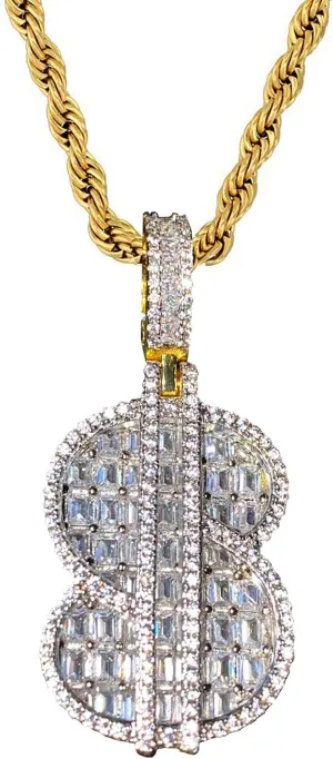 DOLLAR SIGN Money Chase Bag Custom Pendant Baguette Iced Diamond cz Necklace Men Women 925 Italy Gold Finish Iced Silver Charm Ice Out Pendant Stainless Steel Real 3 mm Rope Chain, Rope Necklace