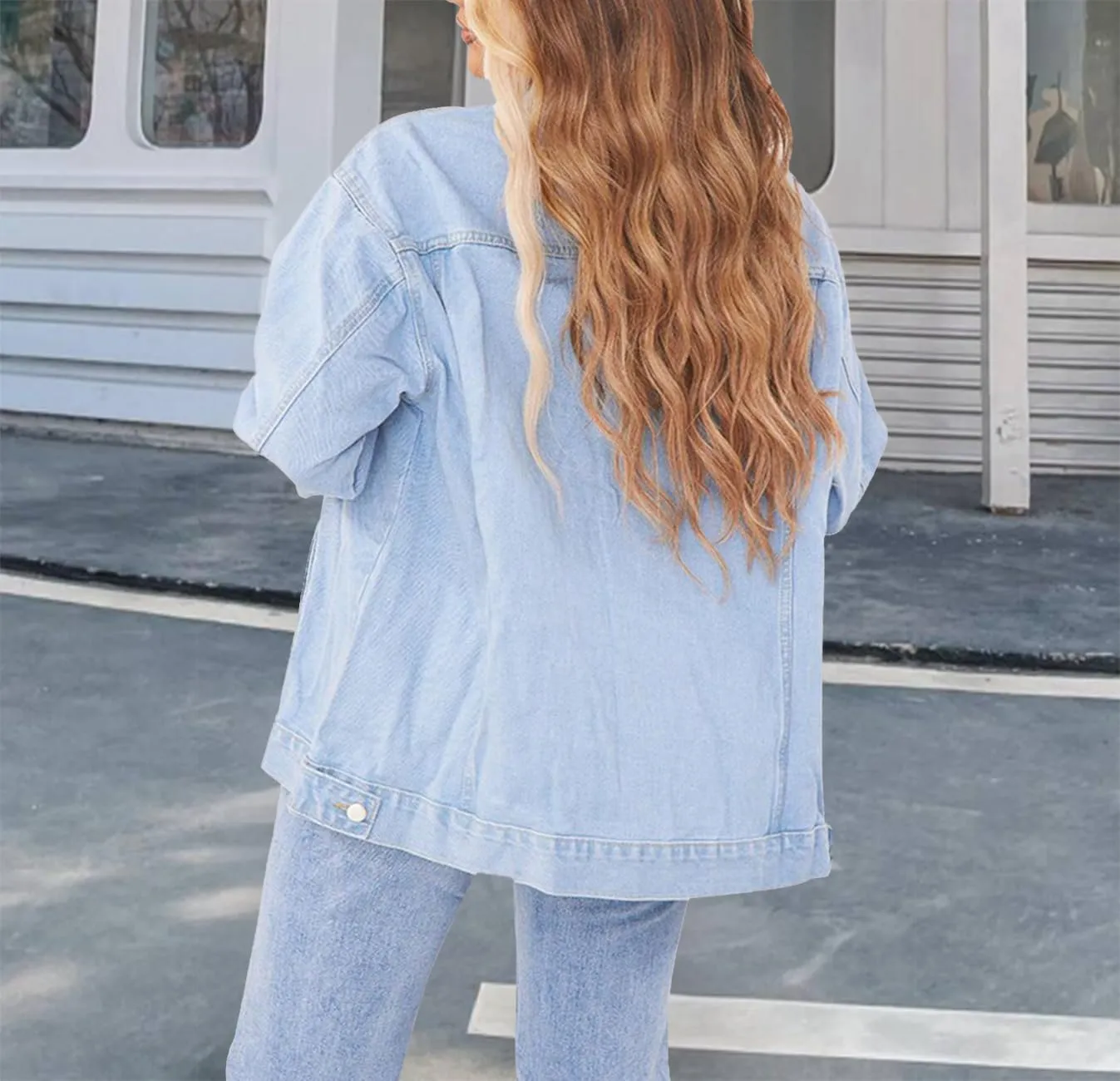 DvaeMalligo Women's Oversized Denim Jacket Casual Long Sleeve Button Down Distressed Trucker Jean Jackets with Pockets