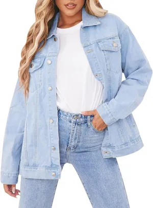 DvaeMalligo Women's Oversized Denim Jacket Casual Long Sleeve Button Down Distressed Trucker Jean Jackets with Pockets