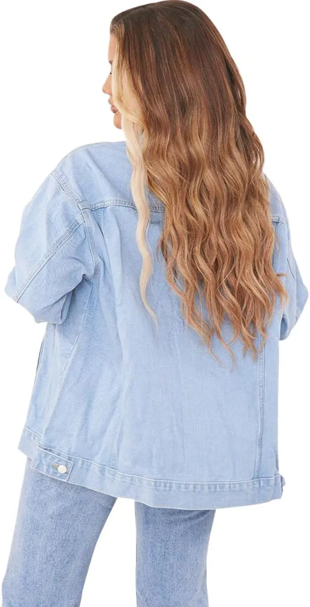 DvaeMalligo Women's Oversized Denim Jacket Casual Long Sleeve Button Down Distressed Trucker Jean Jackets with Pockets
