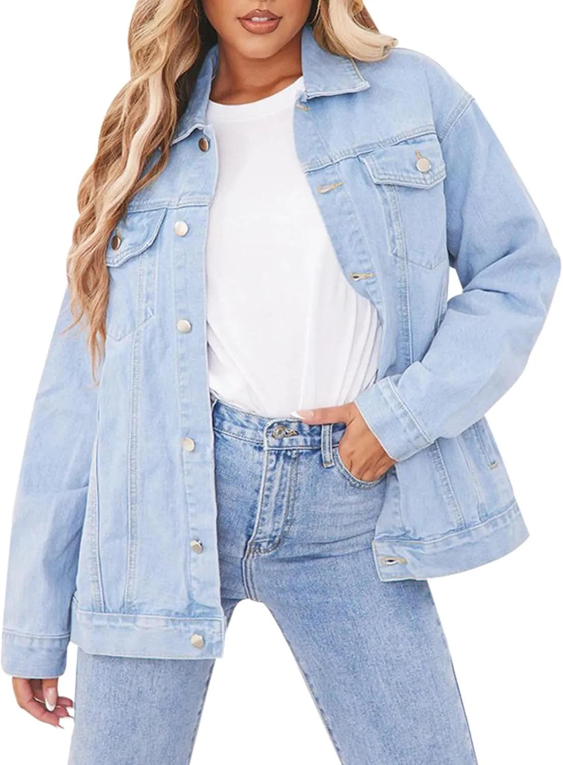 DvaeMalligo Women's Oversized Denim Jacket Casual Long Sleeve Button Down Distressed Trucker Jean Jackets with Pockets
