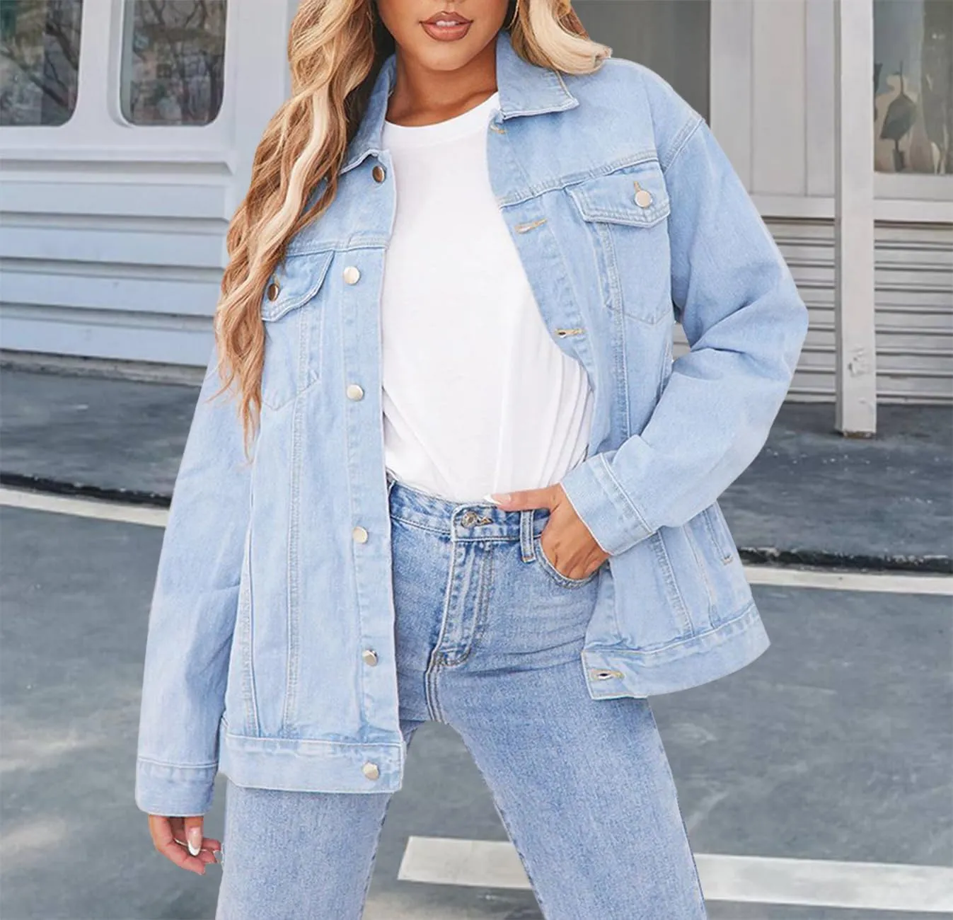 DvaeMalligo Women's Oversized Denim Jacket Casual Long Sleeve Button Down Distressed Trucker Jean Jackets with Pockets
