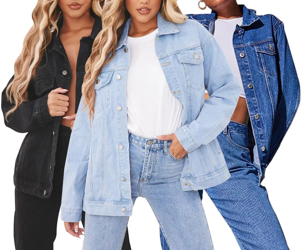 DvaeMalligo Women's Oversized Denim Jacket Casual Long Sleeve Button Down Distressed Trucker Jean Jackets with Pockets