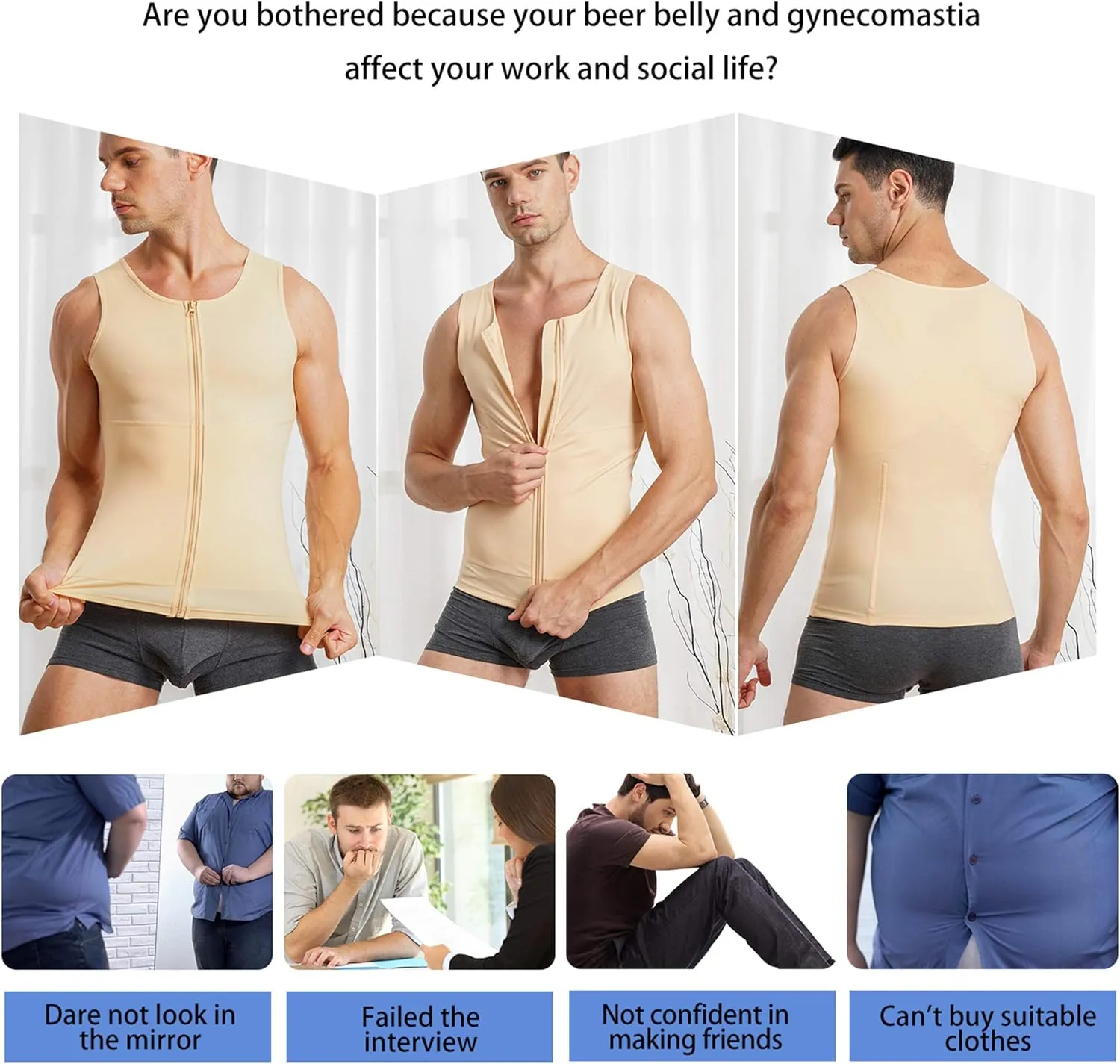 Eleady Men's Compression Shirt Undershirt Slimming Body Shaper Athletic Workout Shirts Tank Top Sport Vest with Zipper