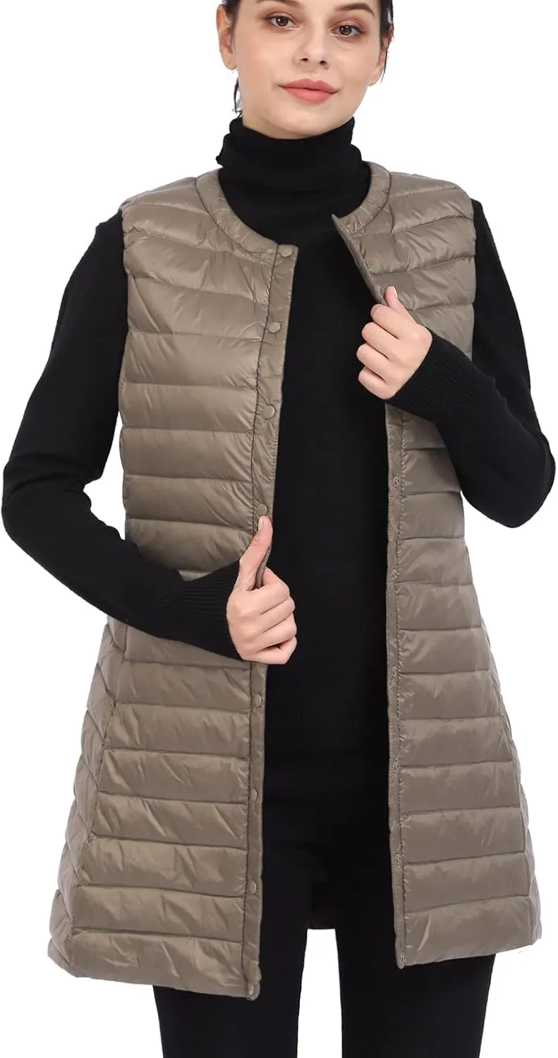 ELFJOY Long Puffer Vest Lightweight Womens Vests Outerwear Button Round Neck Sleeveless Long Down Vest No Collar