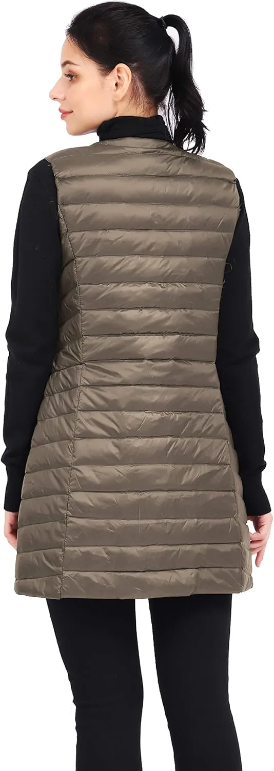 ELFJOY Long Puffer Vest Lightweight Womens Vests Outerwear Button Round Neck Sleeveless Long Down Vest No Collar