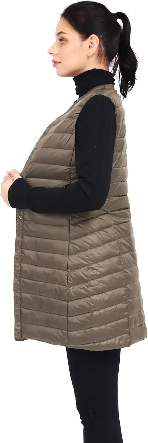ELFJOY Long Puffer Vest Lightweight Womens Vests Outerwear Button Round Neck Sleeveless Long Down Vest No Collar