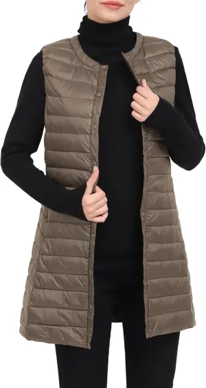 ELFJOY Long Puffer Vest Lightweight Womens Vests Outerwear Button Round Neck Sleeveless Long Down Vest No Collar
