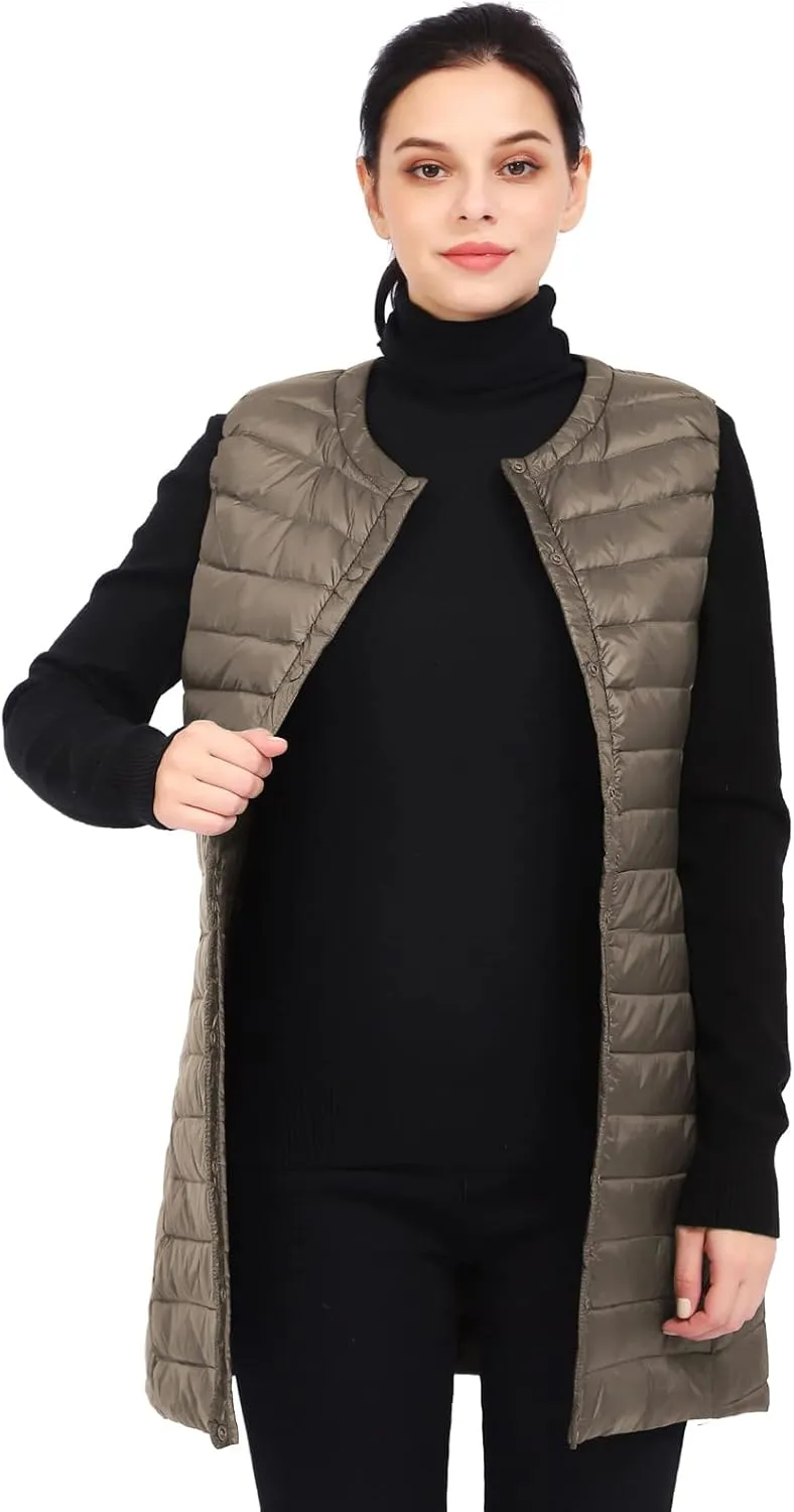 ELFJOY Long Puffer Vest Lightweight Womens Vests Outerwear Button Round Neck Sleeveless Long Down Vest No Collar