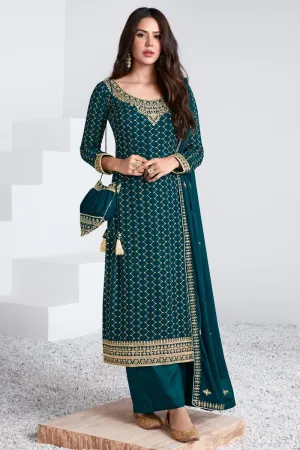 Embroidered Teal Blue Georgette Palazzo Suit