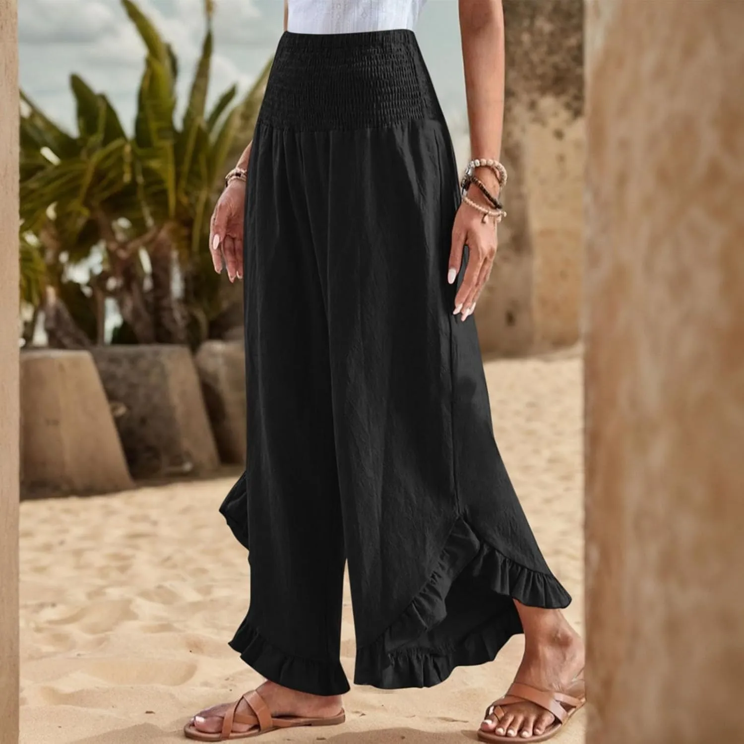 eoeioa Palazzo Pants for Women Dressy Elastic High Waisted Palazzo Pants Casual Ruffle Hem Linen Pant with Pockets