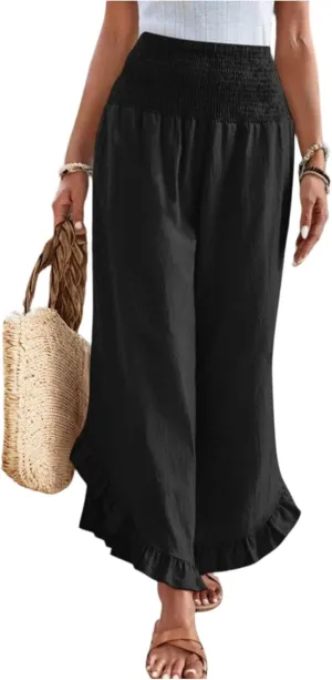 eoeioa Palazzo Pants for Women Dressy Elastic High Waisted Palazzo Pants Casual Ruffle Hem Linen Pant with Pockets
